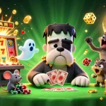 Illustration dynamique sur le meilleur casino en ligne avec un bulldog Frankenstein et un chaton-loup.