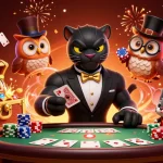 Savourez l'excitation du casino en ligne sans wager, avec un panthère, un hibou et une souris jouant aux cartes.