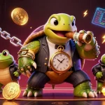 Illustration de casino en ligne sans wager avec une tortue en costume et des grenouilles, animée et riche en détails.