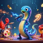 Illustration d'un casino en ligne retrait immédiat avec un anguille DJ et musiciens, ambiance festive et éléments de jeu.