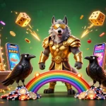 Visuel dynamique de casino en ligne sans wager avec un loup inspiré d'Odin et des éléments de jeux animés.