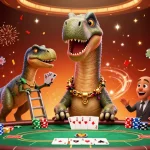 Découvrez notre illustration animée "casino en ligne retrait immédiat" avec un brontosaurus géant et un croupier raptor.