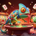 Un chameleon propriétaire de casino en ligne sans wager attrape des pièces d'or avec sa langue dans une illustration 3D vibrante.